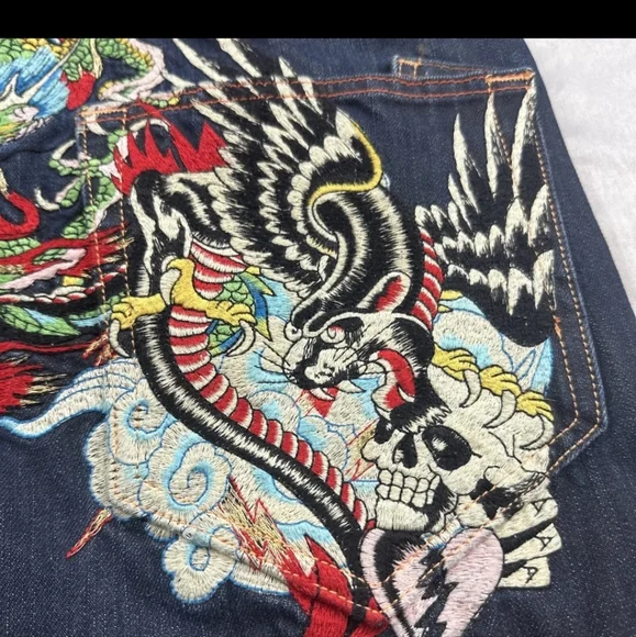 RARE Ed Hardy Dark Wash 2009 Tiger Dragon Scull Tattoo Jeans
